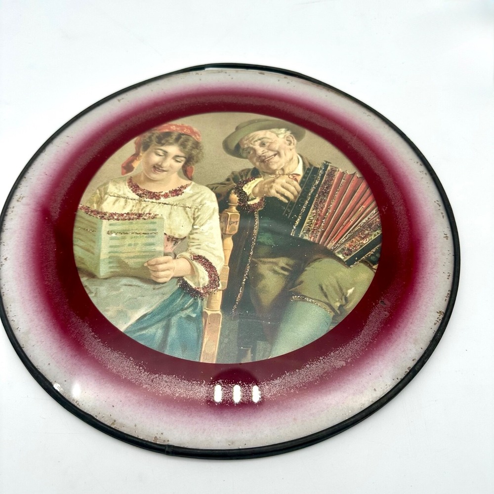 Antique Victorian Glass Chimney Flue Cover Lithograph Wall Art Music 10.75"